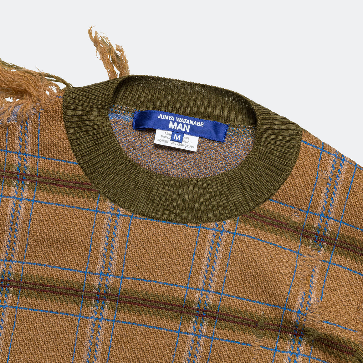 Junya Watanabe MAN Distressed Check Crewneck - Camel/Blue | UP THERE