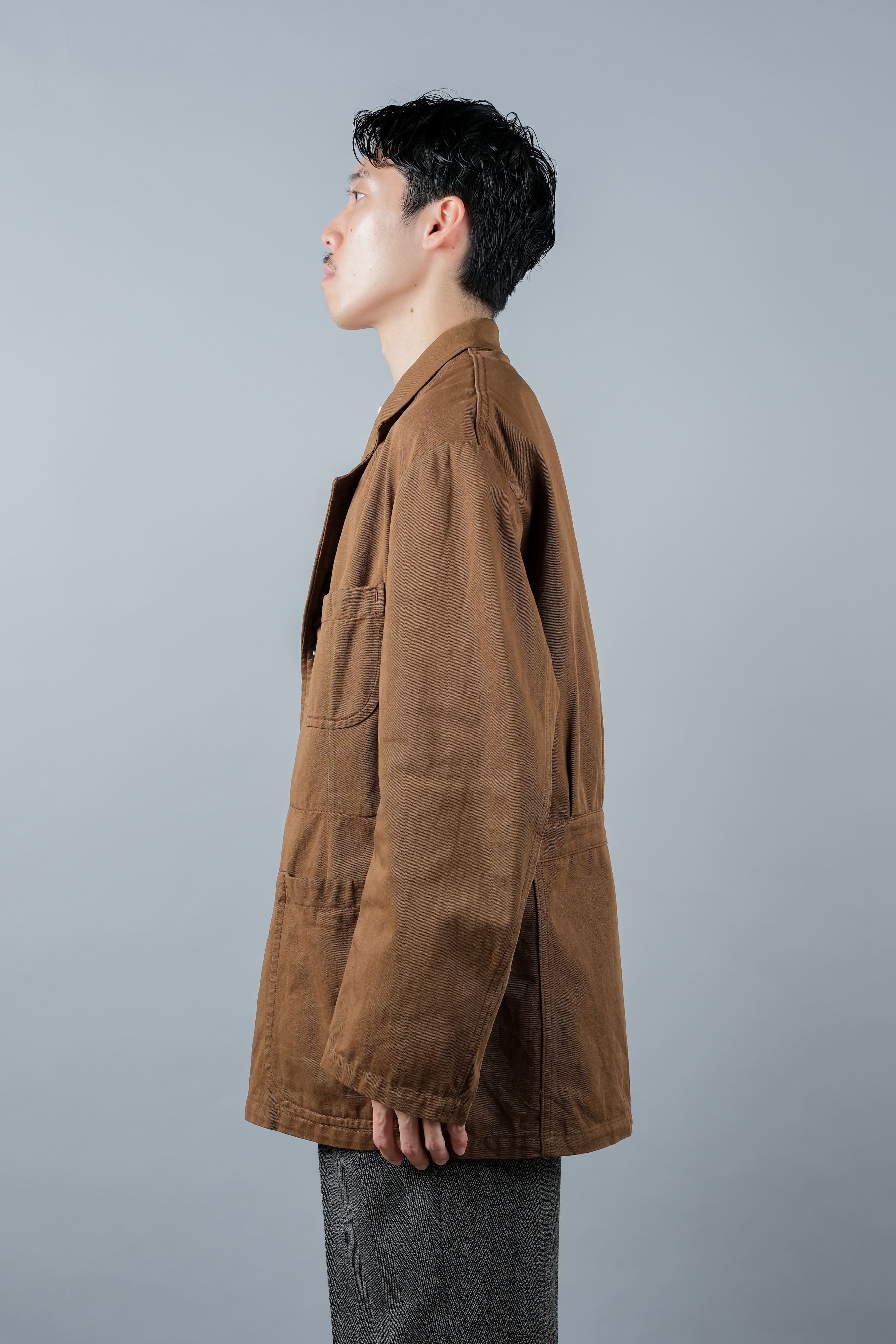 50's] French Vintage Brown Cotton THIN TWILL LAPEL WORK JACKET 