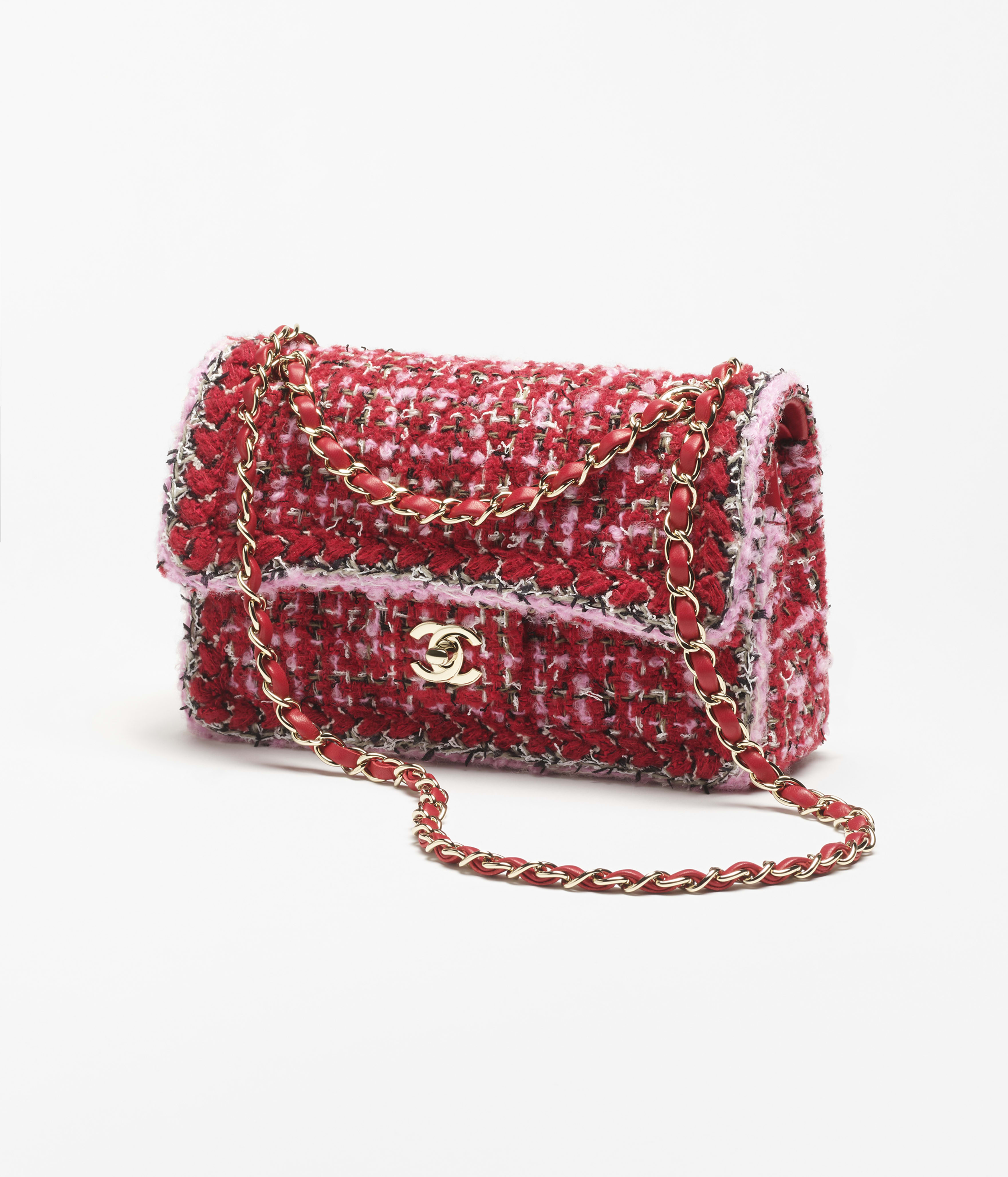 Small classic handbag, Tweed & gold-tone metal, red, pink & black