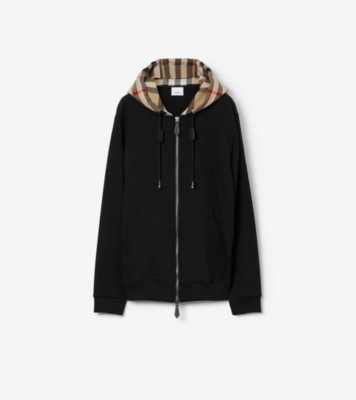 Check Hood Cotton Zip Hoodie in Black/archive beige - Men