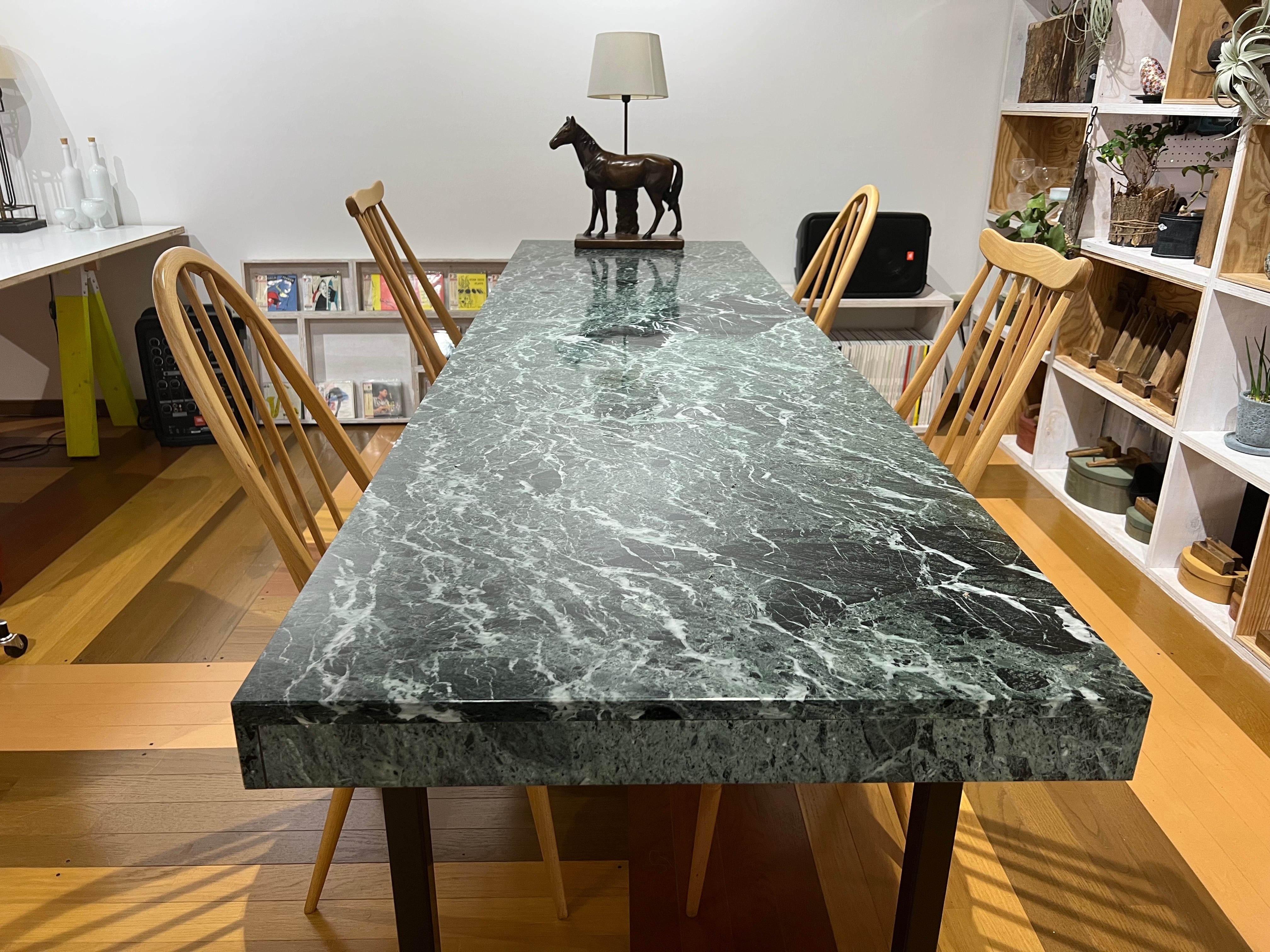 ビンテージ】グリーンマーブル模様が美しい 大理石 ビッグテーブル