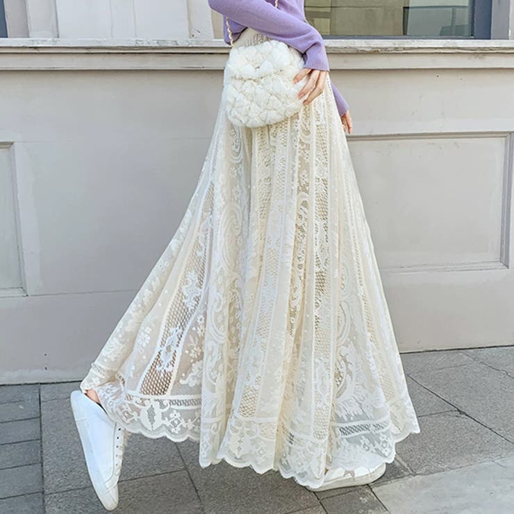 フレア・マキシ丈 リバーレーススカート[品番：ADEW0004028]｜ad thie