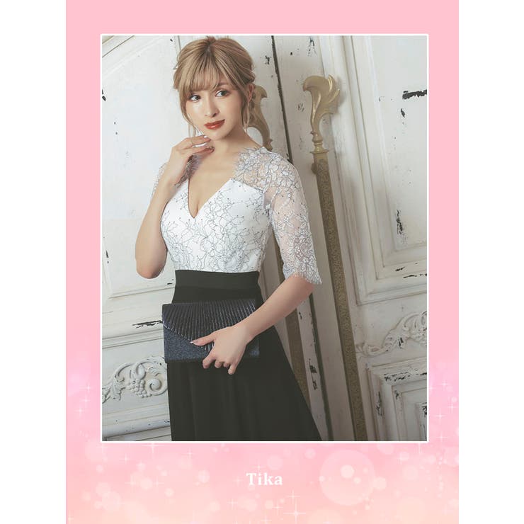 トップスレースVネックハイウエストモノトーンロングドレス キャバ