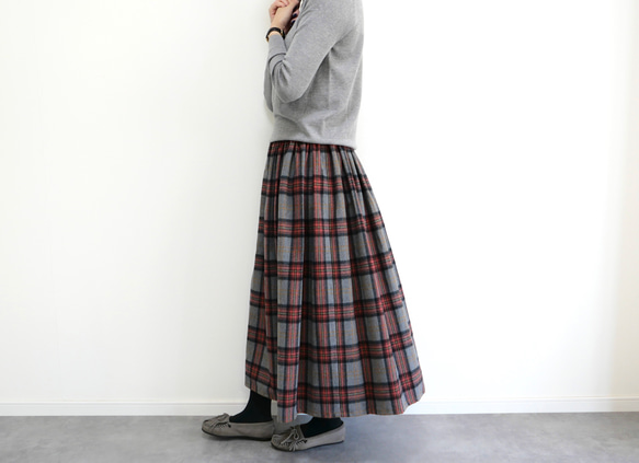 上質起毛シャギーチェックスカート グレーレッド ロングスカート