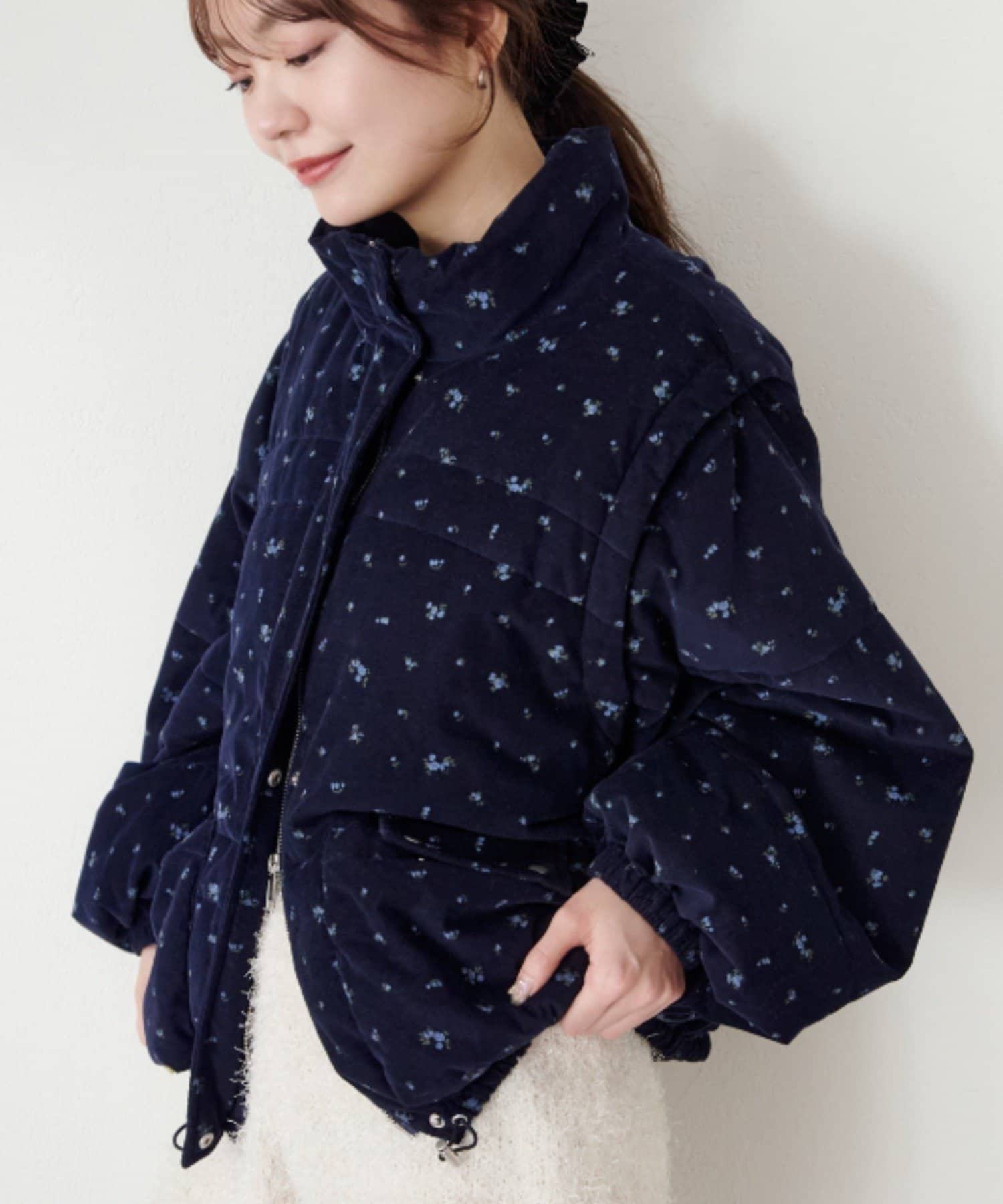 袖取り外し可/無地&花柄】コーデュロイ中綿ミドルジャケット | Kastane