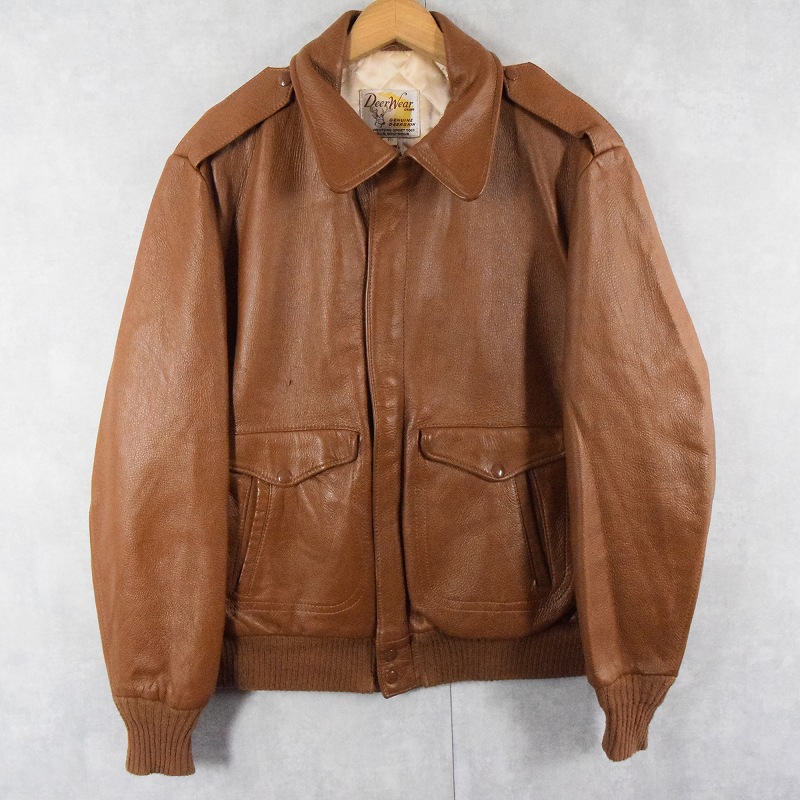 80年代 80s 茶色 ブラウン アメリカ製 ミリタリータイプ 本革 革ジャン