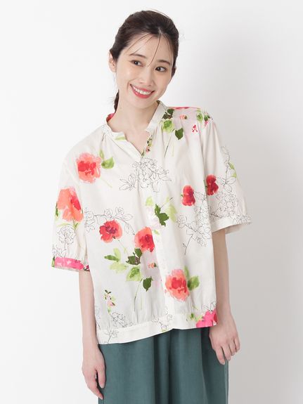 コットンローンルシオール加工ブラーフラワープリントスキッパー