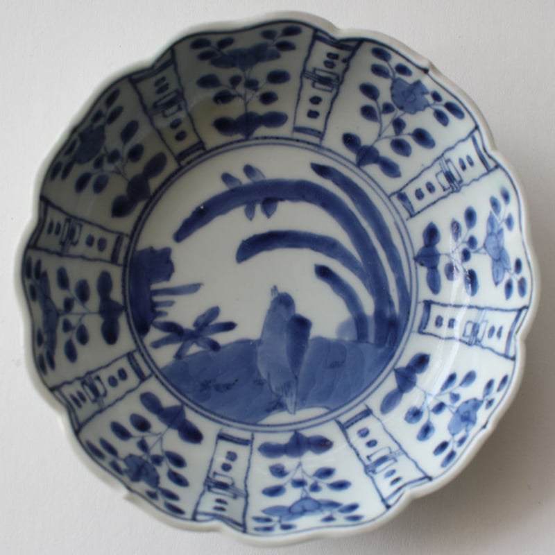 Ps-47 古伊万里 KOIMARI 染付 芙蓉手 花卉鳥文 輪花皿 2枚セット