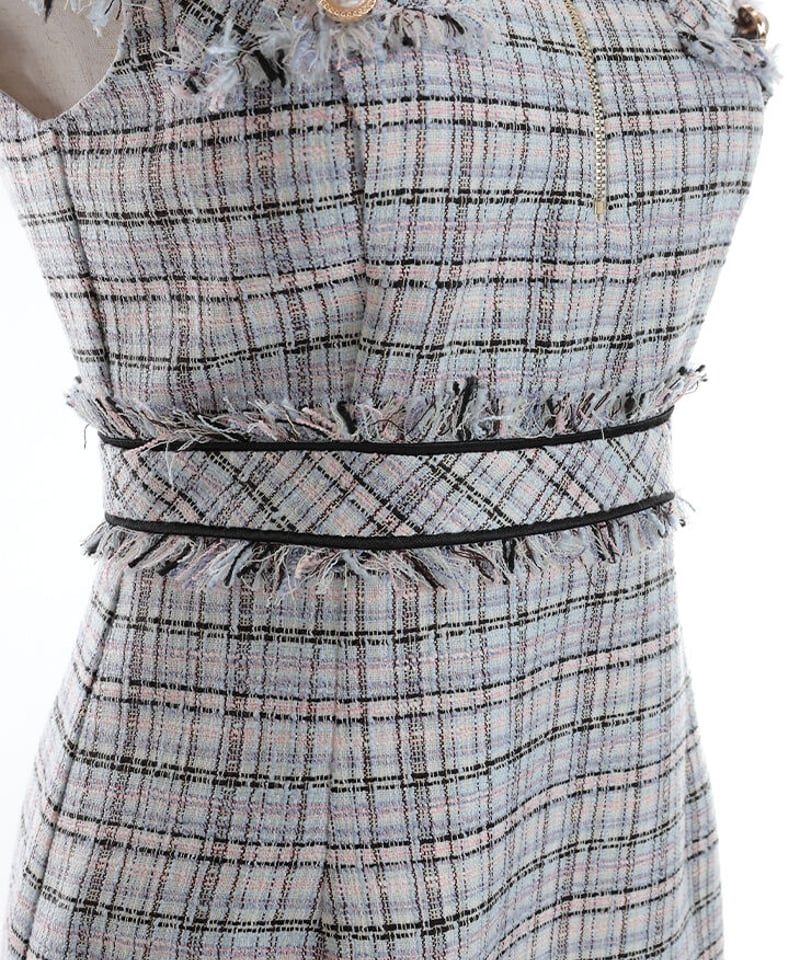 XS～Lサイズあり】ジッパー X 襟付きスプリングツイードドレス(DE2733