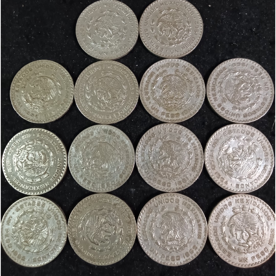 メキシコ銀貨 1ペソ 量目16.1g 直径34.5mm銀貨総重量225g 14枚の通販