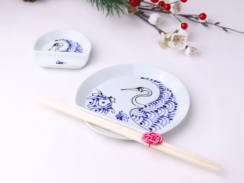 波佐見焼 半月箸置き皿 大 鶴亀 青