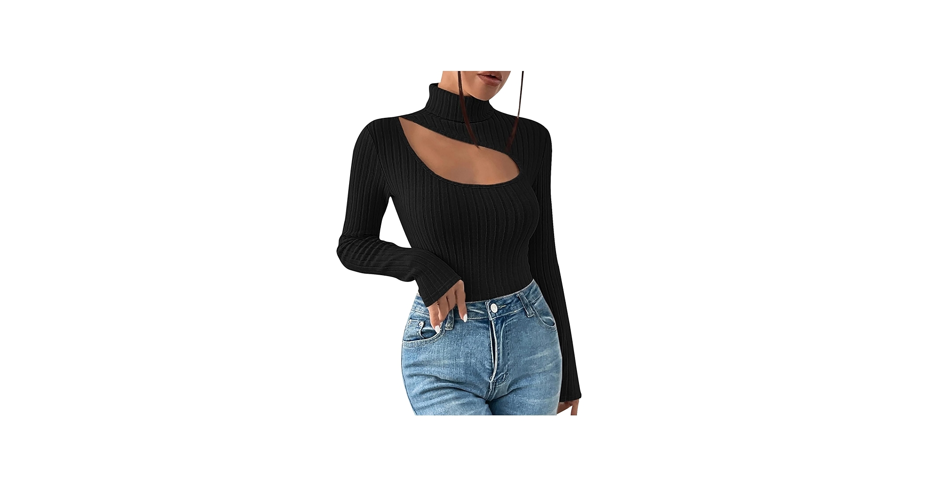 HGps8w Ribbed Turtleneck Tops for Women Sexy Cutout Mock Neck Long