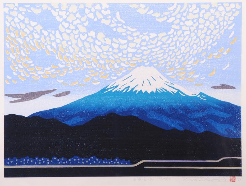 富士山の絵を木版画で制作した西田忠重の富士山の和の絵「白富士」
