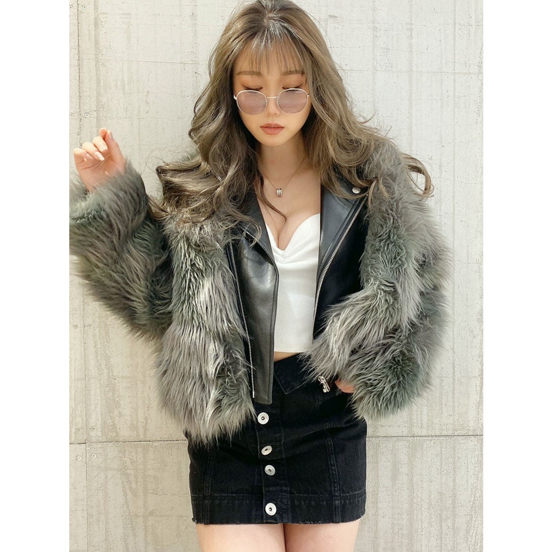 ジェイダ GYDA レイヤードエコファーライダースジャケット （グレー