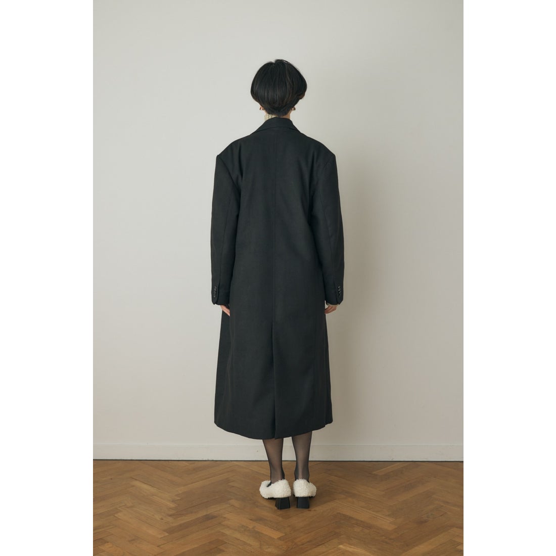 MOUSSY テーラードロングコート リサイクルポリエステル×ウール混 BLK