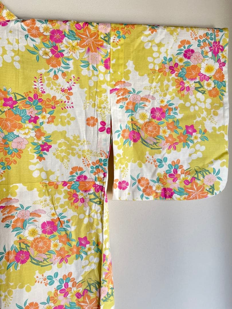【柴田】美品　撫松庵　黄色に花　単衣／浴衣 10001823_1.jpg