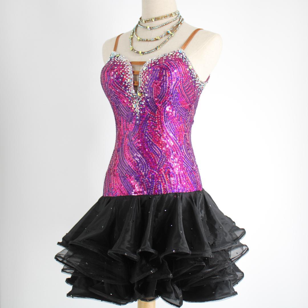 【社交ダンス衣装】パープル×豪華フリル ラテンドレス ワンピース 紫 社交ダンス衣装】パープル ワンピース ドレス 紫 フリル レース 高級感