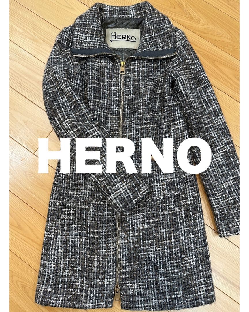 【SALE】HERNO ヘルノ ツイード コート スプリング コート HERNO - 美品 ヘルノ HERNO コート ロングコート ウール ツイード 中綿