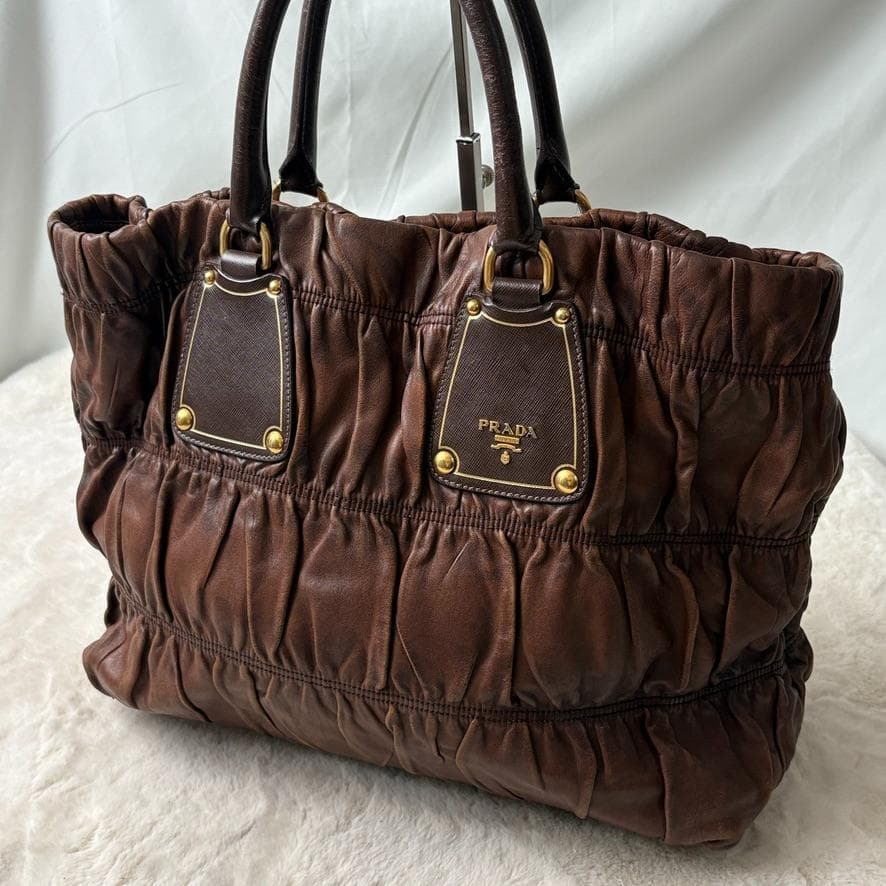 真贋済　PRADA プラダ　ハンドバッグ　羊革　ゴーフル　ブラウン 真贋済 PRADA プラダ ハンドバッグ 羊革 ゴーフル ブラウン