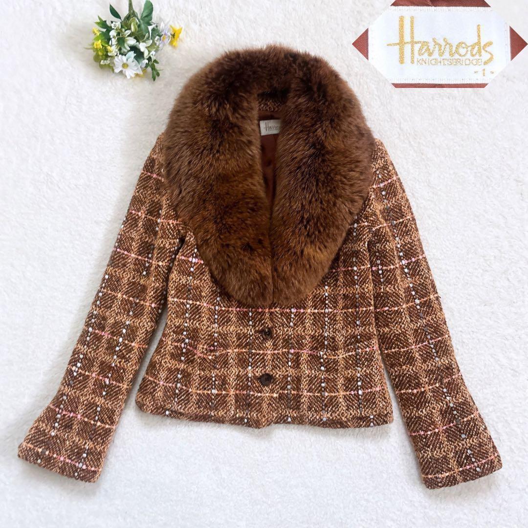 Harrods フォックスファーつき ツイード ジャケット 2way ブラウン系 one after another NICE CLAUP ブルゾン アウター フェイクファー付き