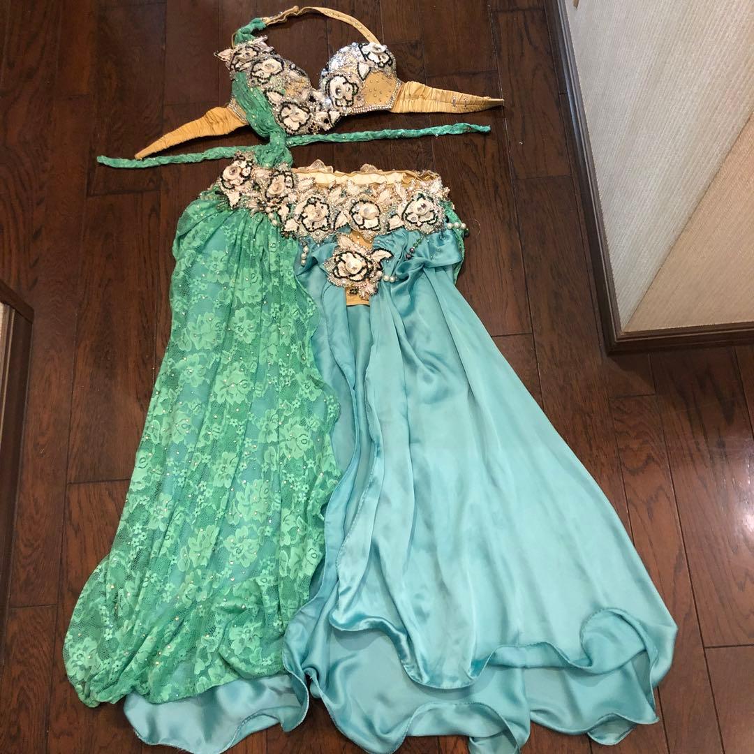 みんみ　再お値下げベリーダンスオリエンタル衣装 ペパーミントグリーン 送料無料】 即納 ベリーダンス衣装 オリエンタル 初心者 セットアップ