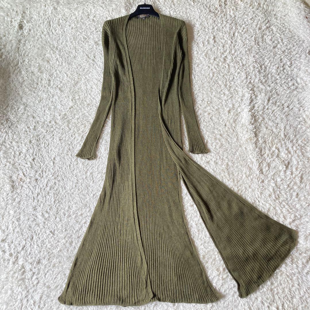 美品✨ロロピアーナ 現行タグ　シルクとリネンスリット　ロングカーディガン　緑 asana HEMP100% テロテロ フリンジ ロング カーディガン・草木染め