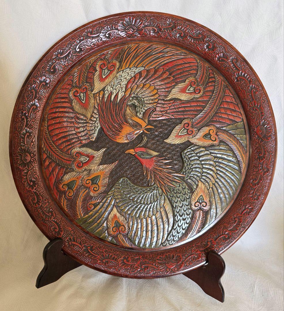 木製 鳳凰彫刻 盆 直径約42センチ 木製 鳳凰彫刻 盆 直径約42センチ 木製 鳳凰彫刻 盆 直径約42センチ