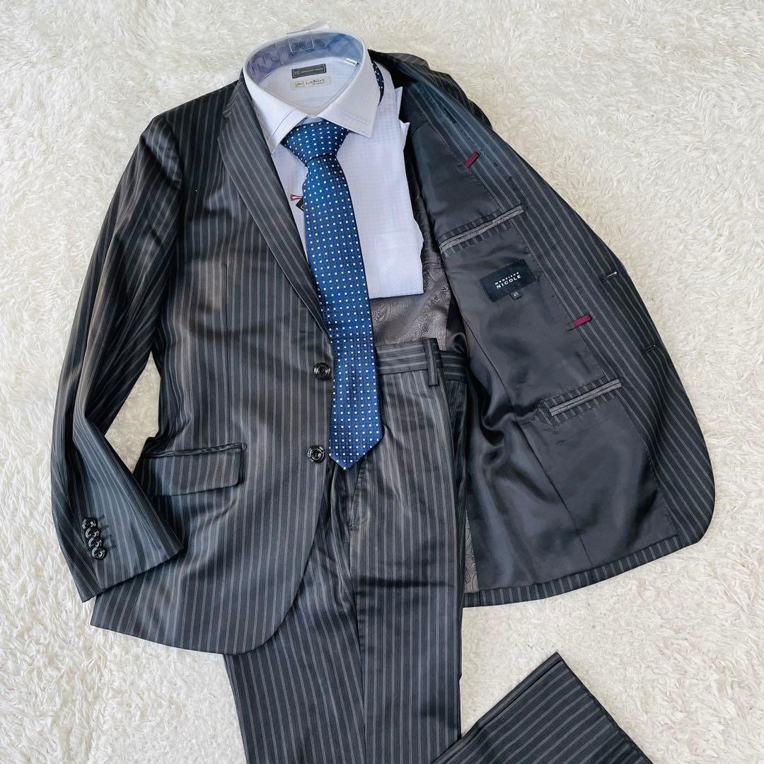 美品◆ムッシュニコル　スーツ　セットアップ　光沢　裏地ペイズリー　ストライプ46 ムッシュニコル MONSIEUR NICOLE カレンダーストライプ スーツ （60