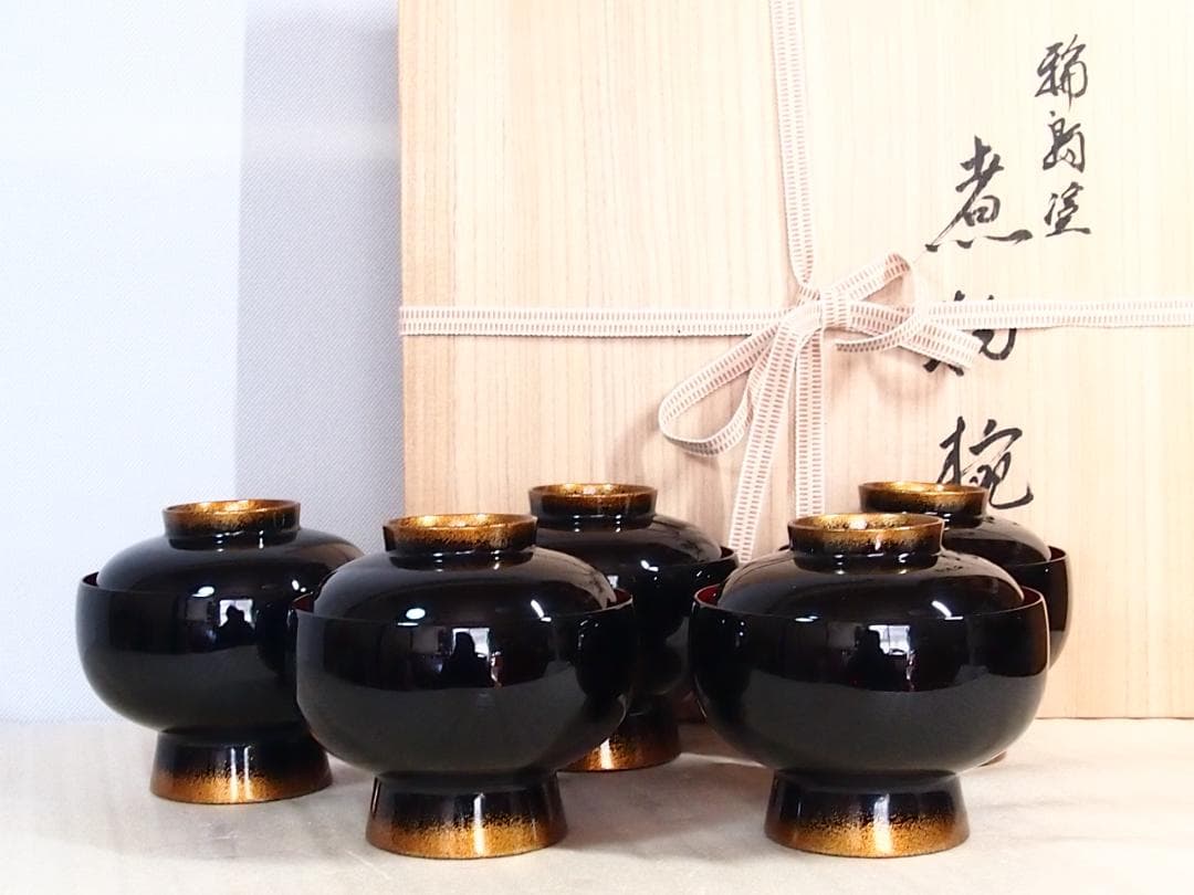 【高級・未使用】輪島塗 大向高洲堂 竹林祐行 縁梨地 煮物椀 5客 雑煮椀/大椀 輪島塗 扇面蒔絵 松竹梅蘭菊 流水 雑煮椀 5客セット - 生活骨董と古布